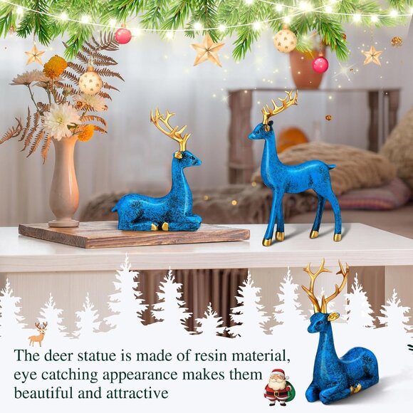 4 Pcs Blue, Gold Standing Sitting Deer Christmas Figurine Statue for Home Indoor - Picture 4 of 7